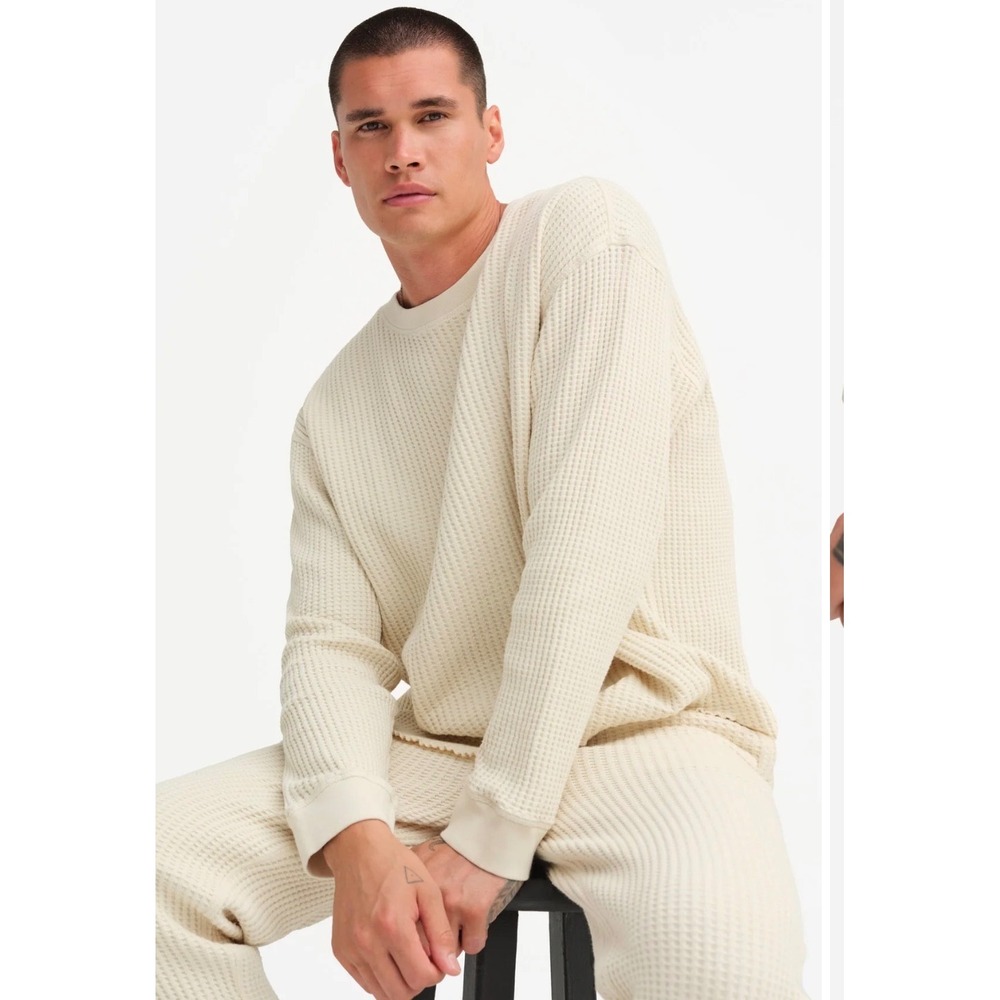 MATE the Label Mens Organic Thermal Waffle Knit Long Sleeve Shirt Cream Bone L